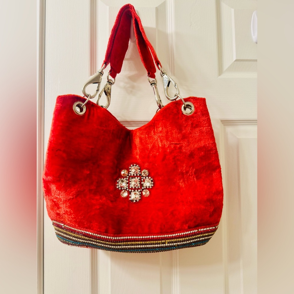 Red Velvet Tote Bag with Embellishments